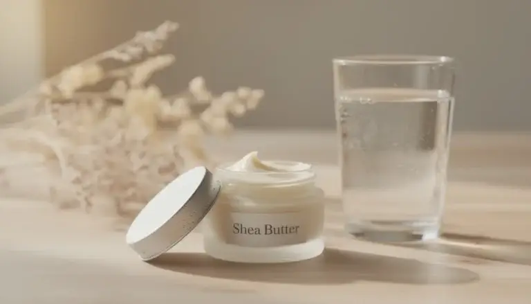 Mise en scène de produits naturels pour soin peau atopique, shea, eau et plantes séchées sur bois, évoquant bien-être et hydratation.