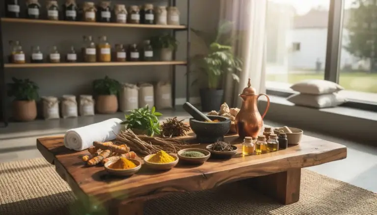 Scène tranquille de pratique ayurvédique avec des herbes vibrantes comme curcuma et ashwagandha dans un studio de bien-être moderne.