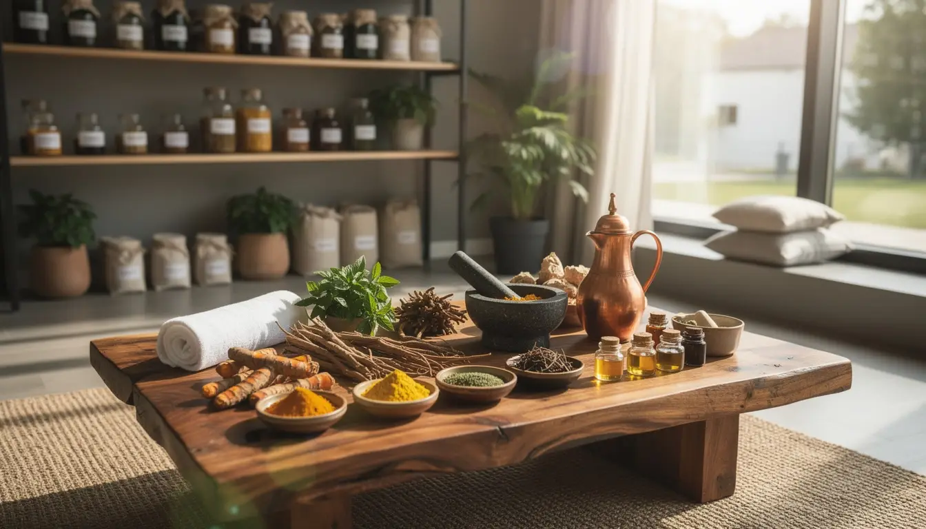 Scène tranquille de pratique ayurvédique avec des herbes vibrantes comme curcuma et ashwagandha dans un studio de bien-être moderne.