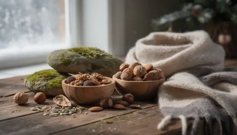 Scène hivernale apaisante avec des éléments naturels, évoquant le bien-être.