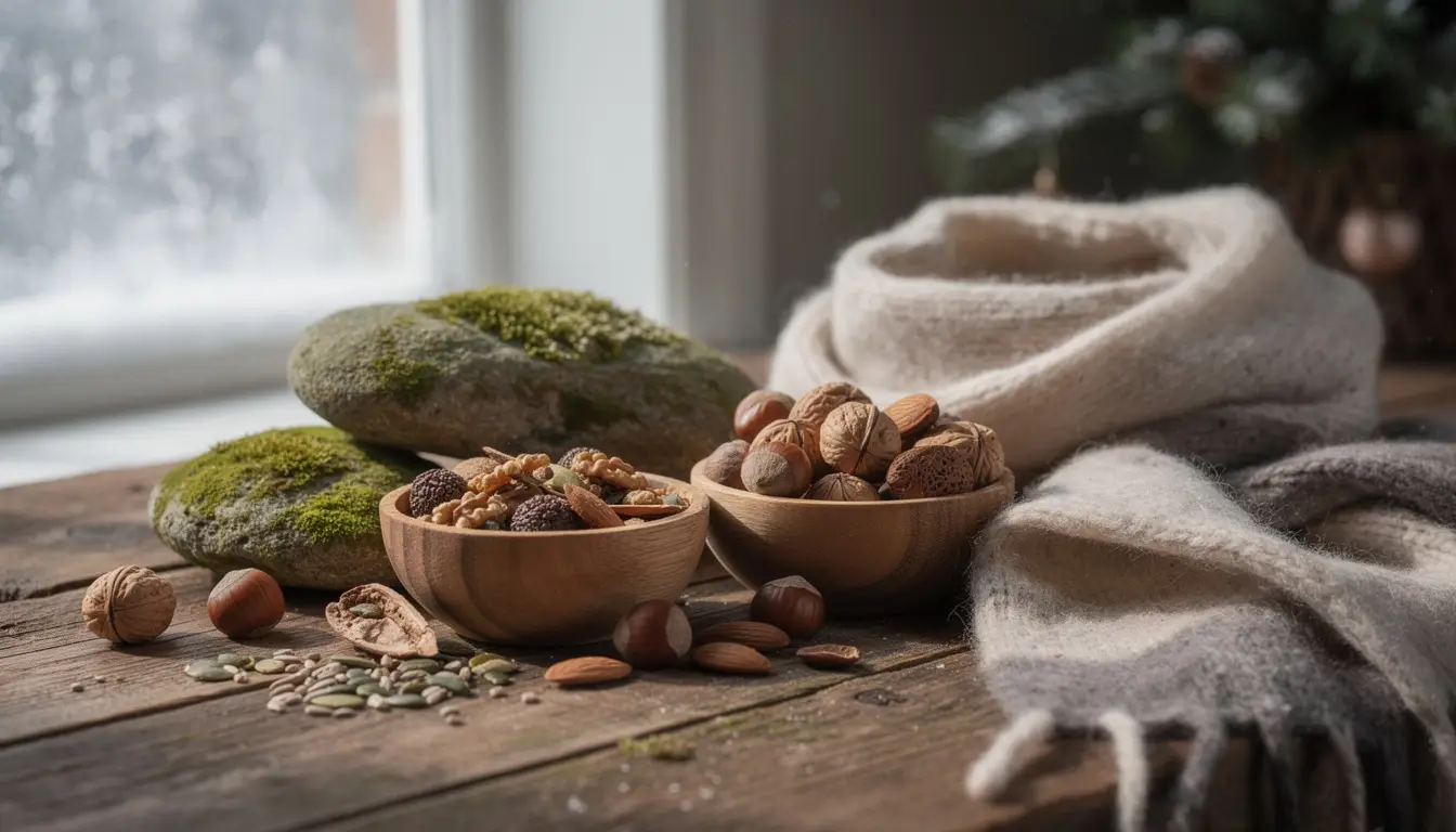 Scène hivernale apaisante avec des éléments naturels, évoquant le bien-être.