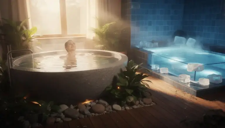 Scène d'hydrothérapie avec un bain chaud et un bassin froid, illustrant les bienfaits du contraste thermique sur les articulations.