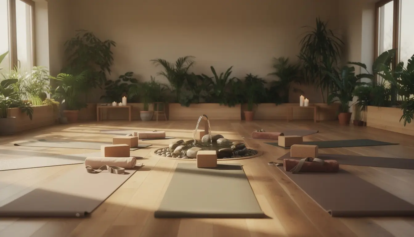 Studio de yoga zen avec des accessoires, plantes et éclairage naturel apaisant.