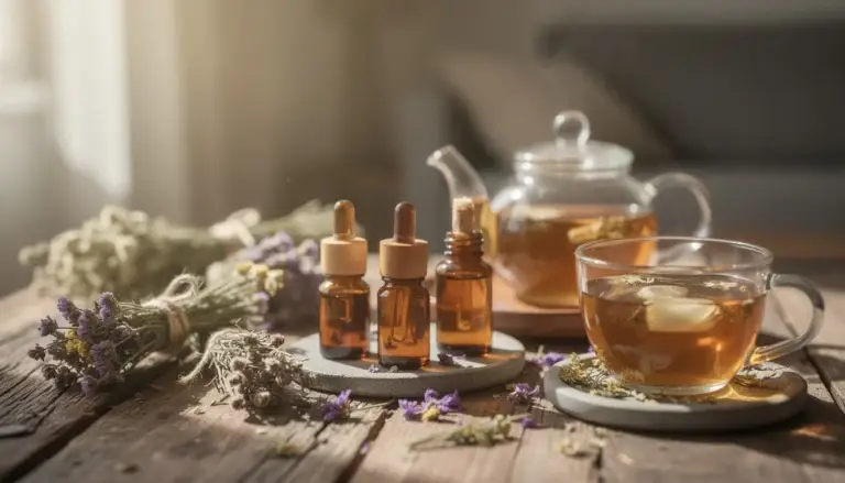 Compositions d'huiles essentielles et tisanes sur table en bois, créant une atmosphère apaisante.