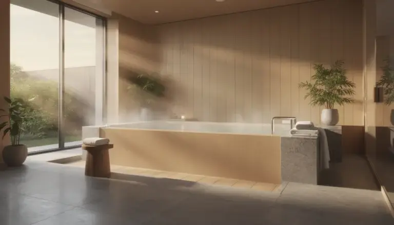 Espace de bien-être avec bain chaud, vapeur, lumière naturelle et matériaux naturels.
