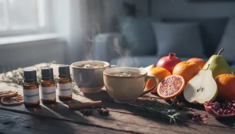 Ambiance zen avec huiles essentielles, tisanes et fruits de saison sur une table en bois pour le bien-être en hiver.