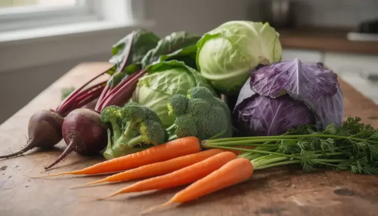 Composition de légumes d'hiver colorés évoquant l'alimentation anti-inflammatoire et le bien-être.