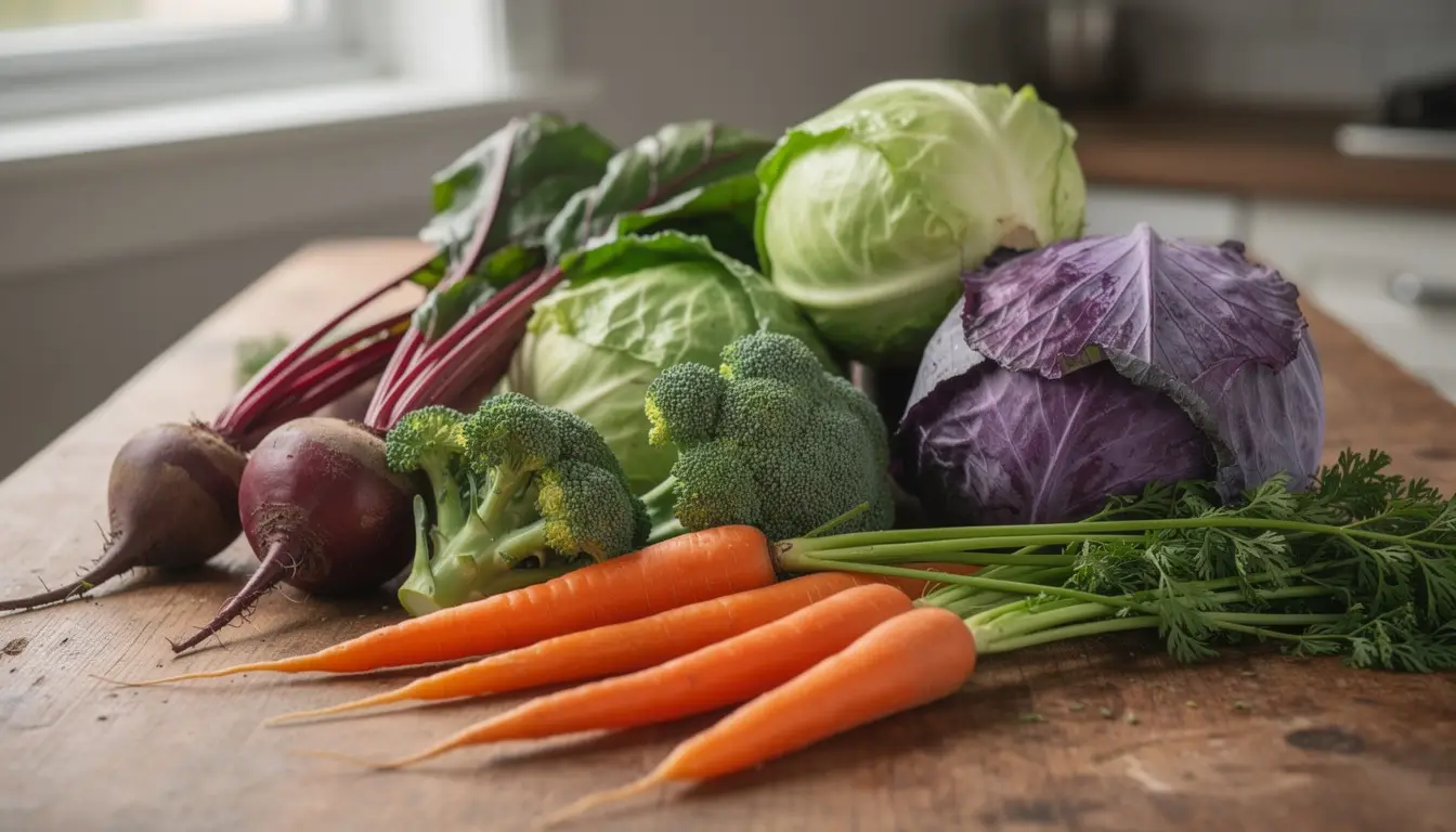 Composition de légumes d'hiver colorés évoquant l'alimentation anti-inflammatoire et le bien-être.