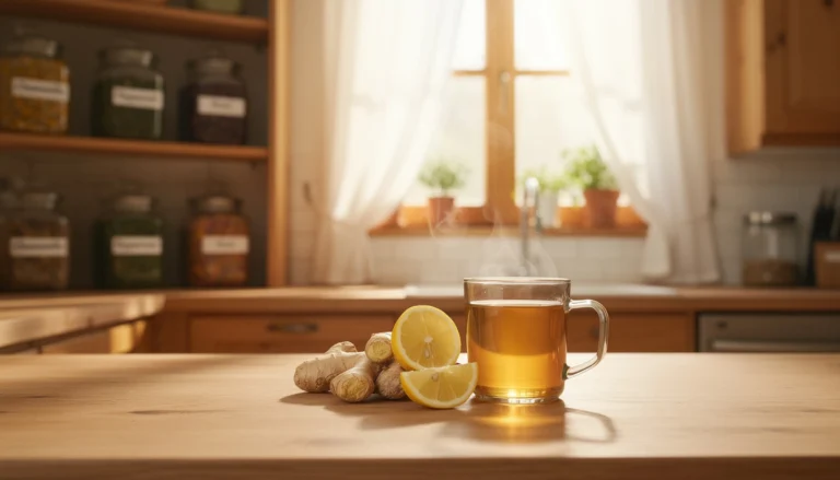 Scène de cuisine apaisante avec des herbes, tisanes, gingembre et citron.