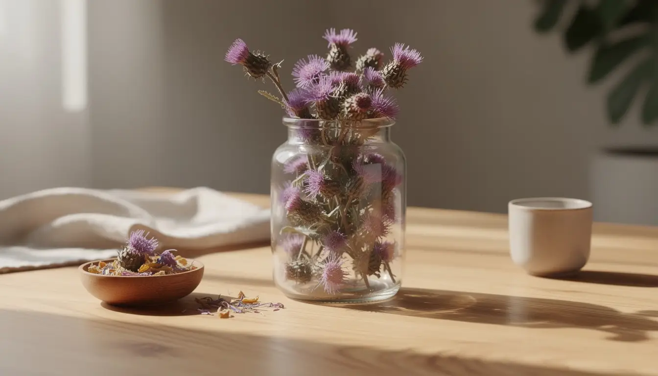 Scène apaisante avec chardon-marie, éléments naturels et textures boisées pour une ambiance de bien-être.