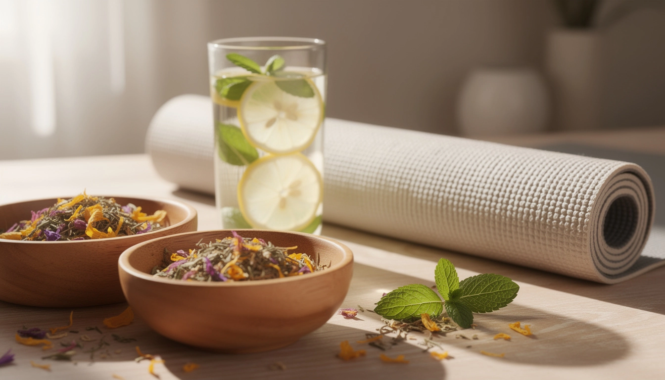 Arrangement apaisant d'herbes séchées, eau infusée et tapis de yoga pour promouvoir le bien-être.