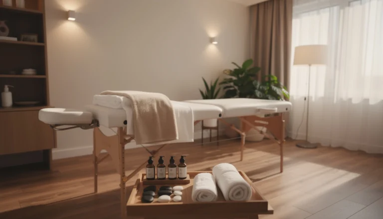 Espace zen pour la réflexologie avec textures naturelles et huiles essentielles.