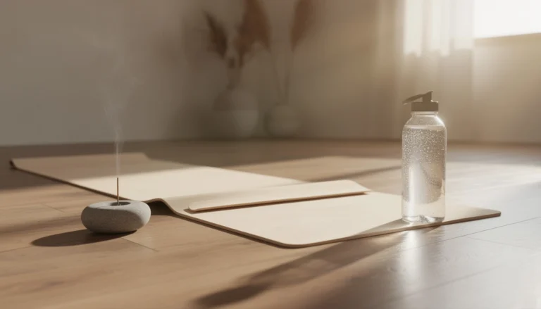 Espace zen avec tapis de yoga, porte-encens en pierre, bouteille d'eau transparente et plantes sèches, ambiance sereine et apaisante.