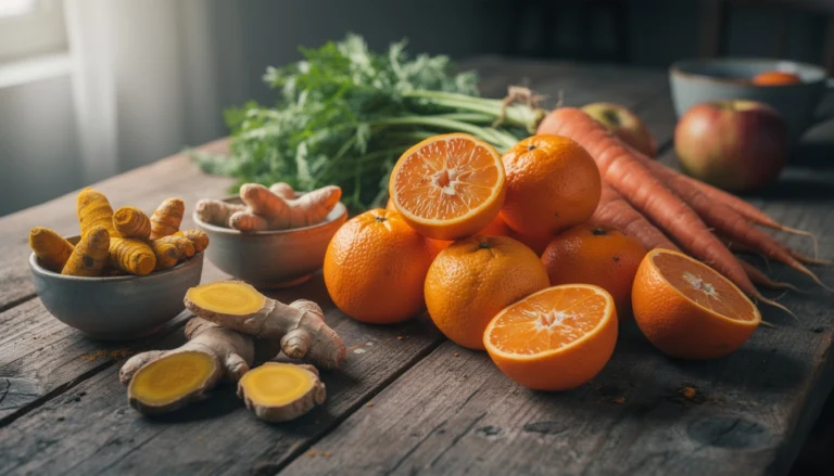 Composition de fruits et légumes d'hiver, mettant en avant les bienfaits de l'alimentation en naturopathie.