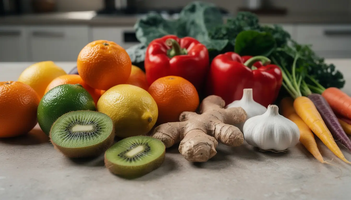 Composition de fruits et légumes sains pour renforcer l'immunité, incluant agrumes, kiwi, poivrons, ail et gingembre.