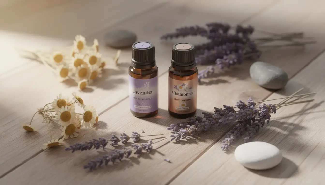 Bouteilles d'huiles essentielles de lavande et camomille sur un fond naturel avec des fleurs séchées.