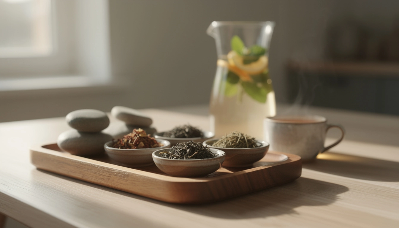 Mise en scène zen avec des matériaux naturels évoquant le jeûne intermittent et la détoxification après les fêtes.