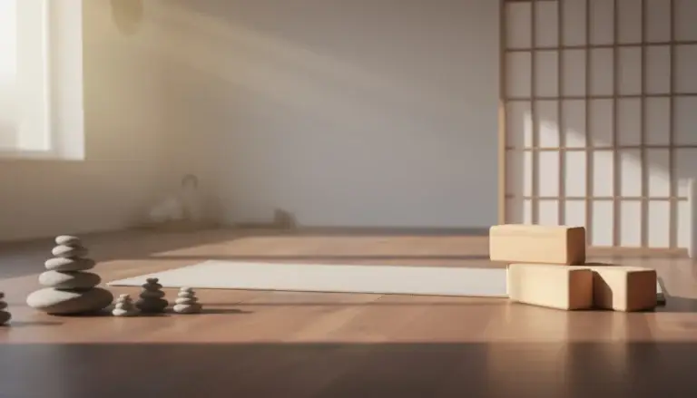 Espace de méditation apaisant avec des éléments naturels et lumière douce, évoquant la pleine conscience et le bien-être.