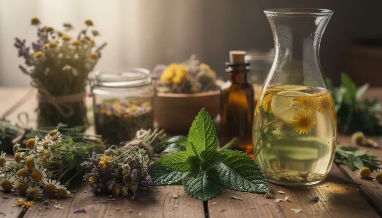 Scène de plantes détox sur une table avec des textures naturelles, illustrant la naturopathie et le bien-être.