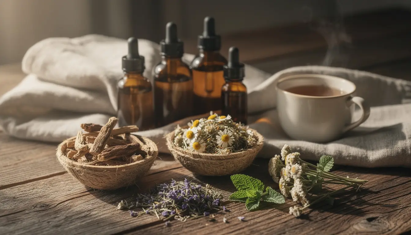 Composition naturelle de racines de valériane, ingrédients de tisane apaisants et huiles essentielles, évoquant le bien-être et un sommeil réparateur.