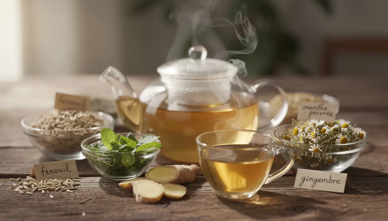 Tisane digestive préparée avec fenouil, menthe poivrée, gingembre et camomille dans un cadre apaisant naturel.