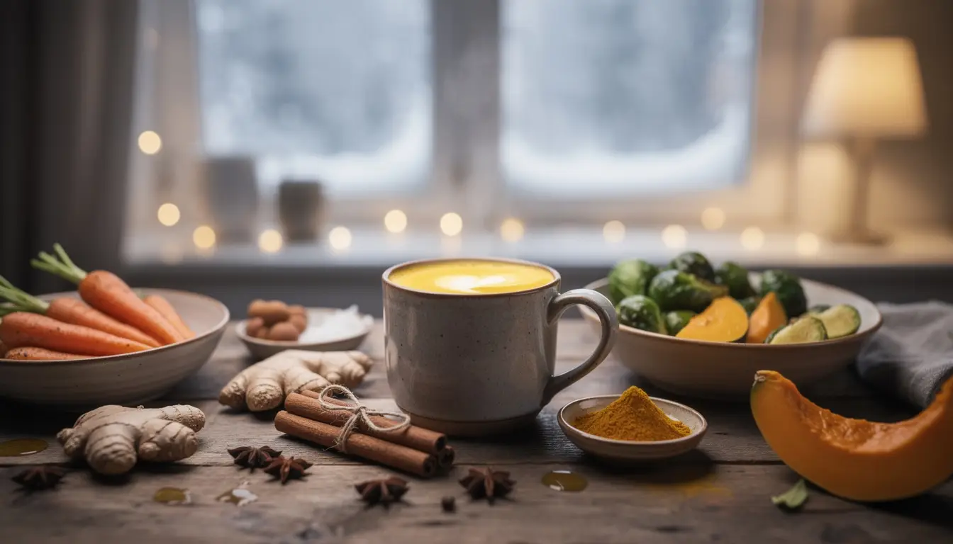 Scène hivernale ayurvédique avec tasse de lait d'or, épices et légumes de saison sur une table en bois.