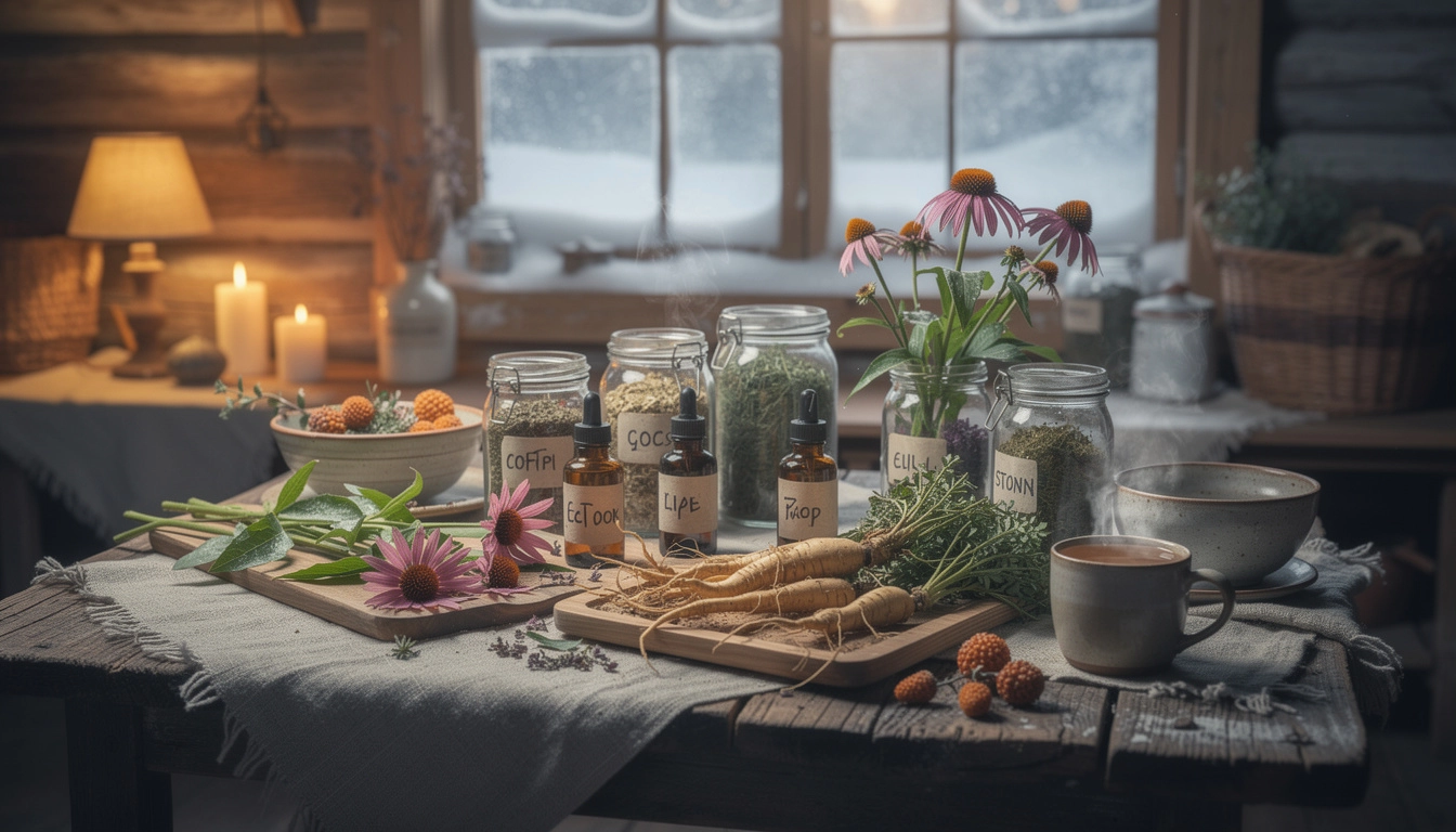 Scène hivernale avec des plantes médicinales pour renforcer l'immunité, ambiance zen et apaisante.