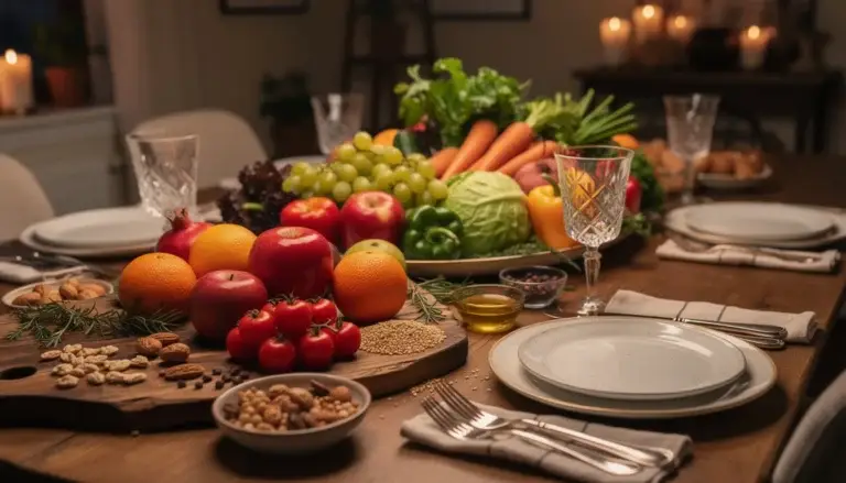 Table décorée avec des aliments sains pour les fêtes, fruits et légumes, ambiance chaleureuse.