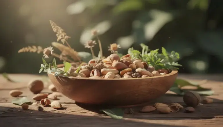 Composition naturelle illustrant la santé et le bien-être avec herbes, noix et lumière douce.