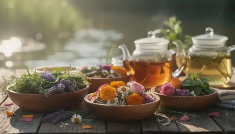 Composition harmonieuse d'éléments naturels associés à la naturopathie, avec des herbes, fleurs séchées et infusions.