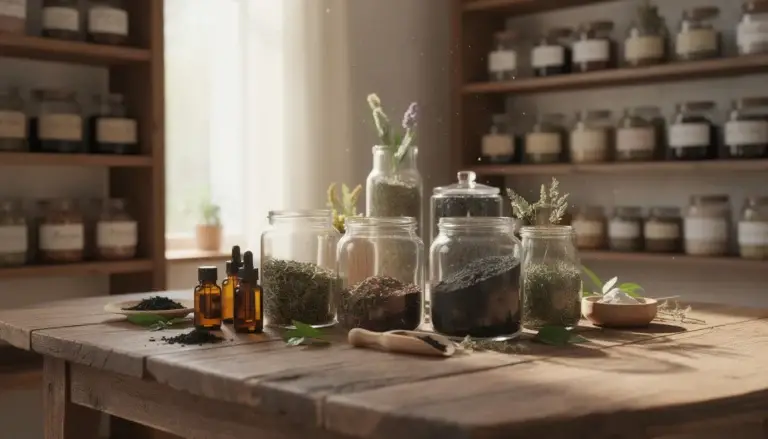 Espace zen avec des bocaux d'herbes et charbon activé sur une table en bois, éclairé par une lumière naturelle.