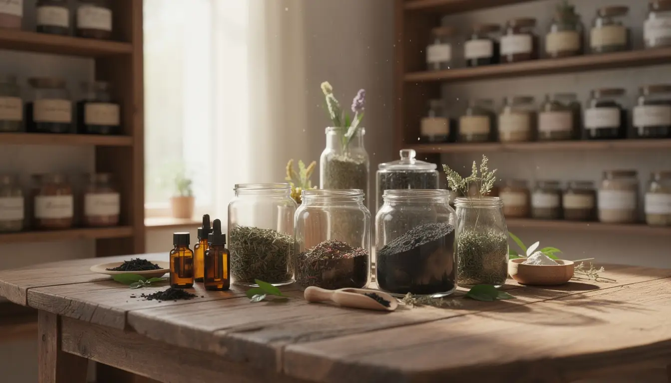 Espace zen avec des bocaux d'herbes et charbon activé sur une table en bois, éclairé par une lumière naturelle.