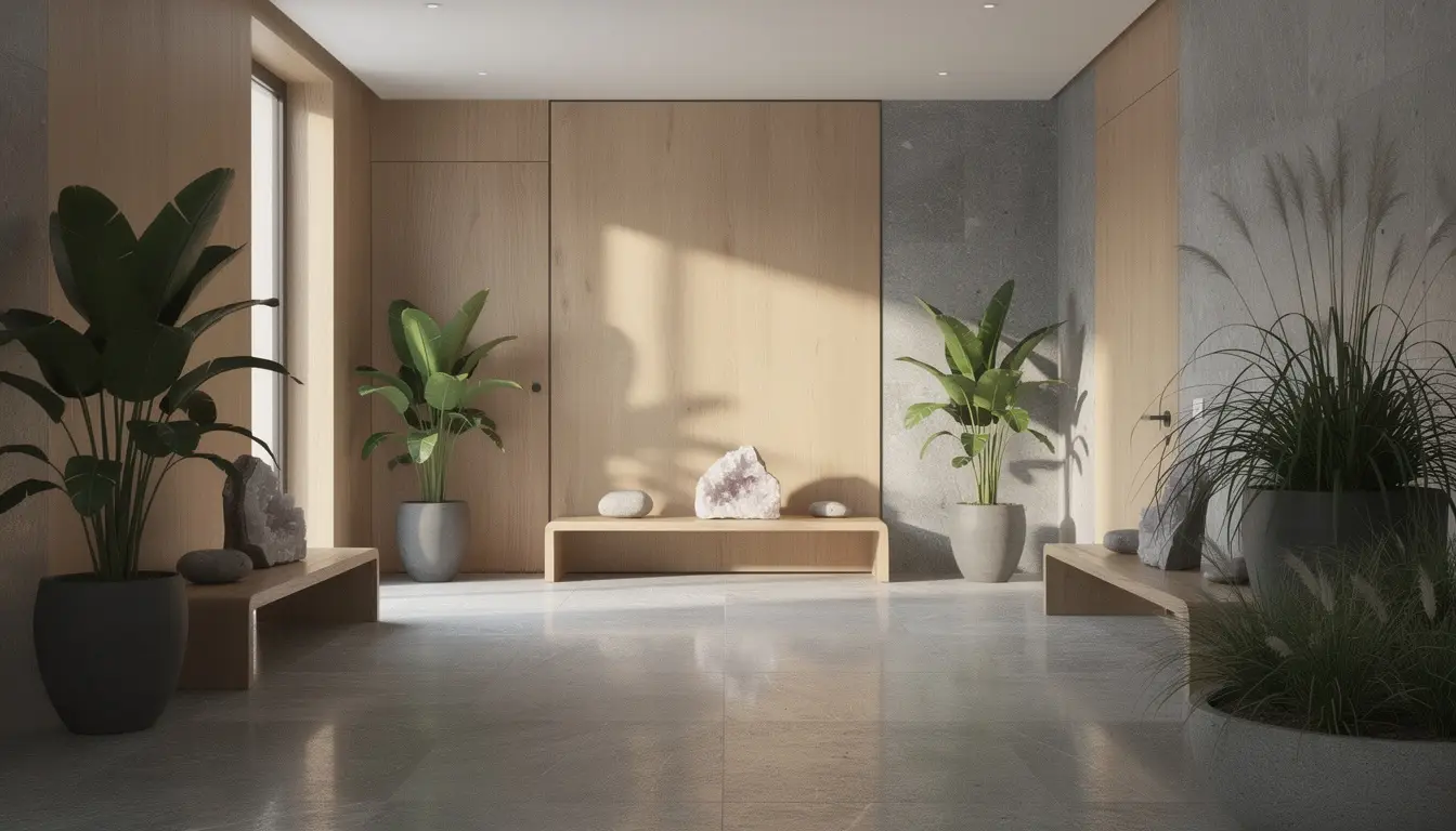 Espace zen moderne avec textures naturelles, éléments de bien-être et lumière douce, sans vivants ni texte.