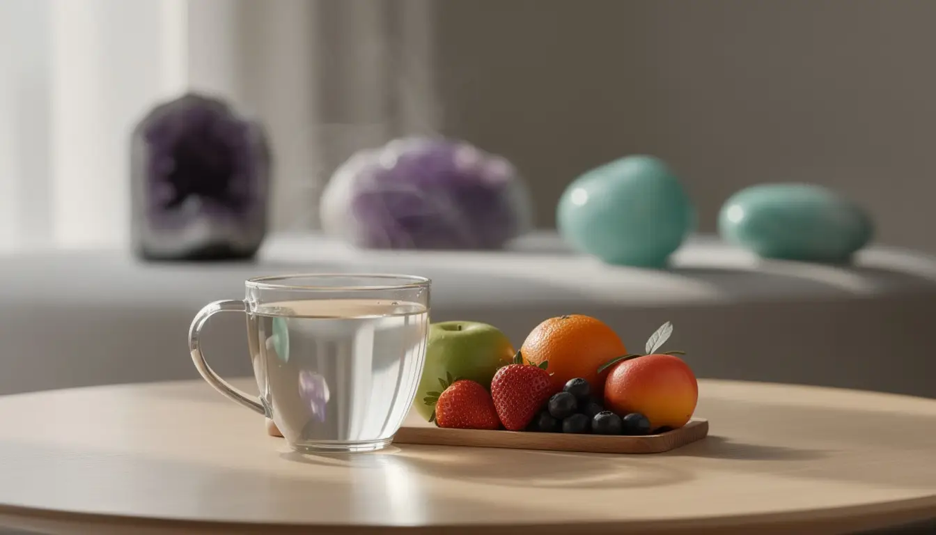 Espace zen moderne avec une tasse d'eau chaude, des fruits frais et des pierres naturelles.