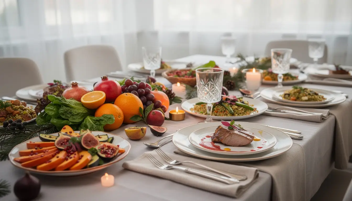 Disposition d'une table élégante avec des ingrédients frais pour un repas de réveillon sain.