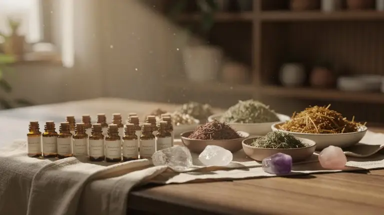 Espace de bien-être avec des herbes séchées, huiles essentielles et cristaux, évoquant la naturopathie.