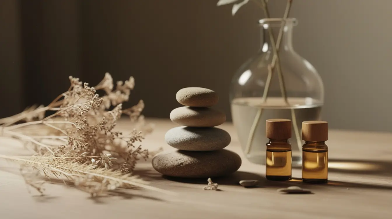 Composition d'objets naturels liés au bien-être, incluant plantes séchées et huiles essentielles, ambiance apaisante.