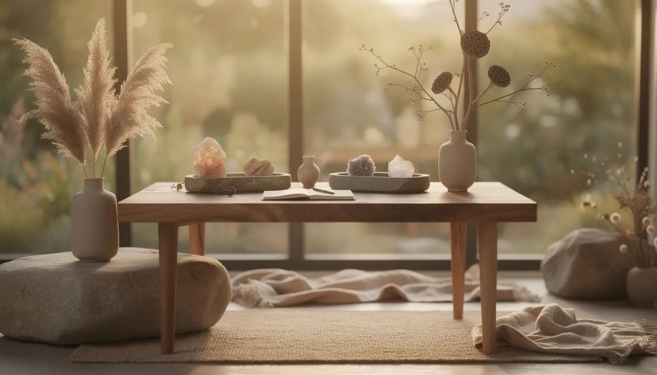 Espace de travail zen avec matériaux naturels évoquant la naturopathie et le bien-être.