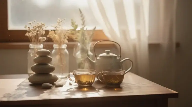 Composition apaisante avec des pierres, plantes séchées et tisanes, représentant le bien-être et la naturopathie.