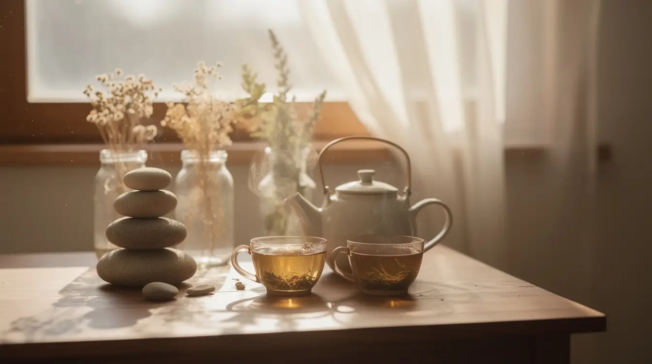 Composition apaisante avec des pierres, plantes séchées et tisanes, représentant le bien-être et la naturopathie.