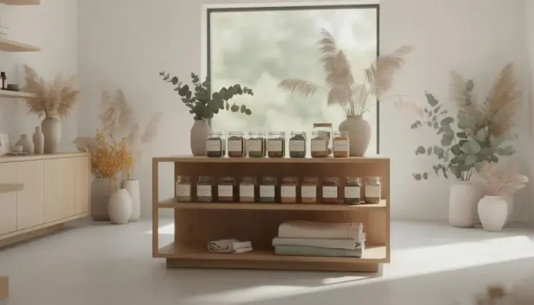 Espace bien-être moderne avec éléments naturels, plantes séchées et bocaux en verre.