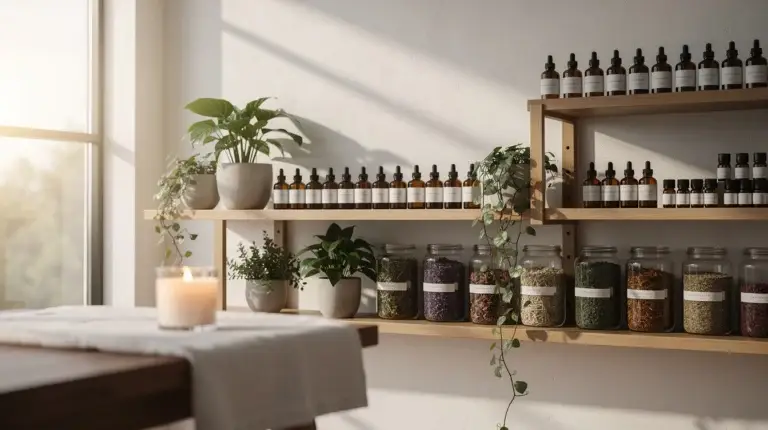 Espace zen naturel avec huiles essentielles et plantes pour le bien-être lié au SOPK.