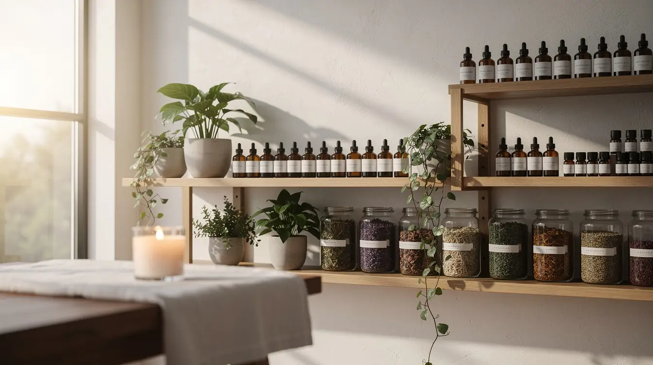 Espace zen naturel avec huiles essentielles et plantes pour le bien-être lié au SOPK.