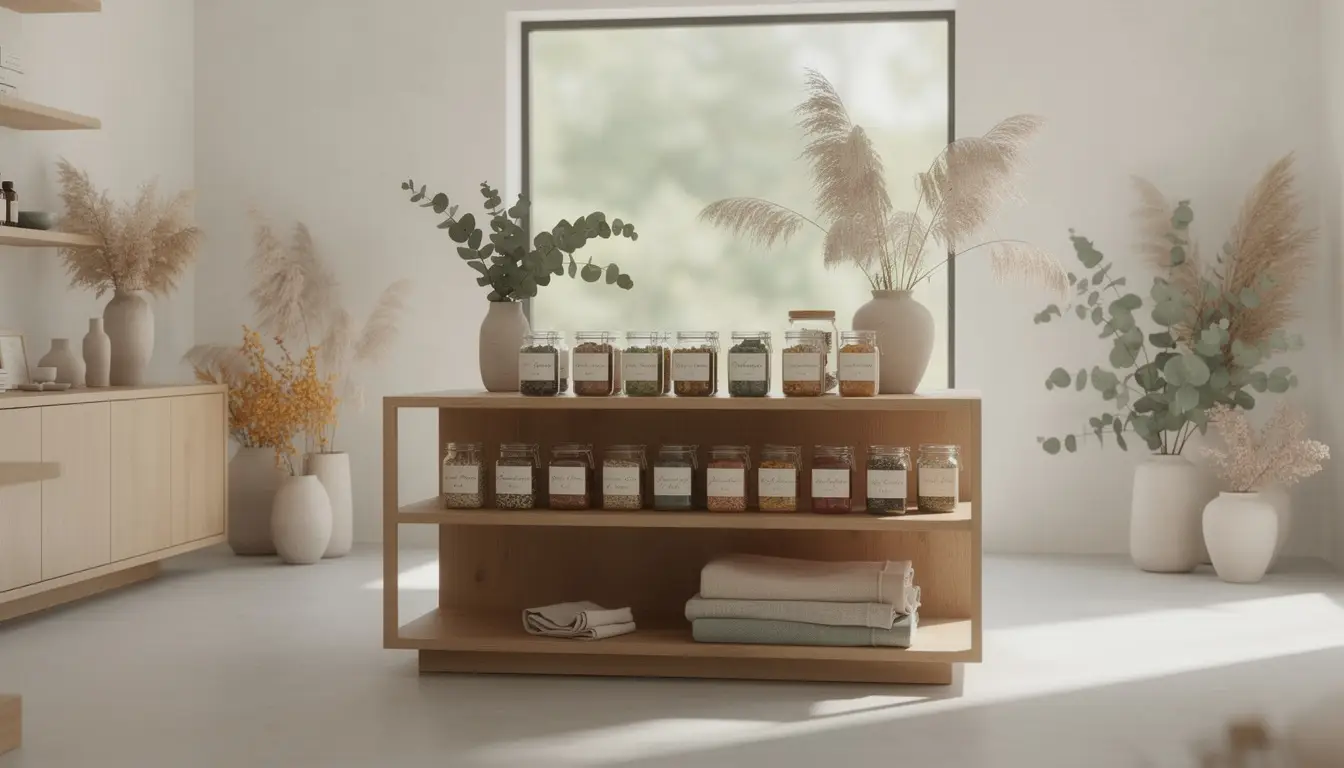 Espace bien-être moderne avec éléments naturels, plantes séchées et bocaux en verre.