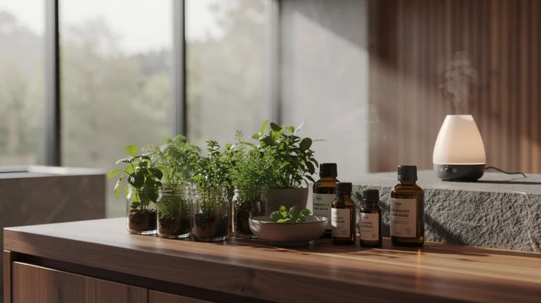 Espace zen avec des matériaux naturels, huiles essentielles et plantes pour la naturopathie.