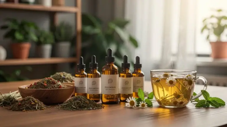 Espace de bien-être moderne avec huiles essentielles, herbes séchées et tisanes, dans une atmosphère apaisante.