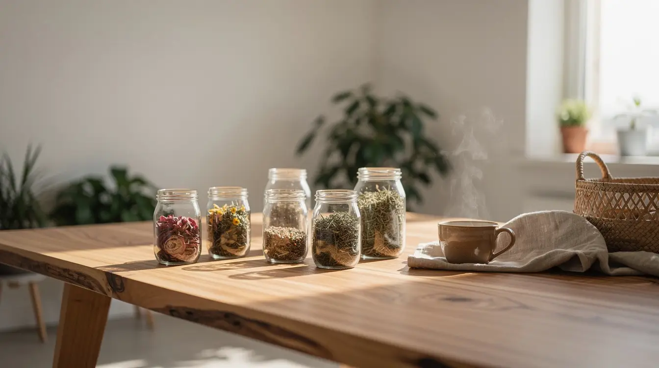 Espace zen avec matériaux naturels, bocaux en verre contenant des herbes sèches et lumière douce, illustrant la naturopathie.