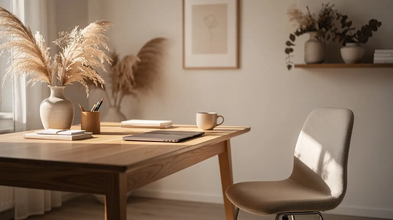 Espace de bien-être naturel, avec des éléments en bois et des plantes sèches, évoquant la naturopathie.