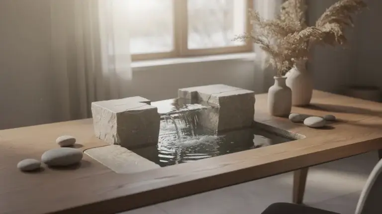 Espace zen avec matériaux naturels évoquant la connexion entre émotions et bien-être.