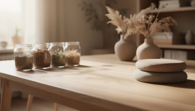 Espace zen de naturopathie avec des éléments naturels, symbolisant le bien-être et l'harmonie.